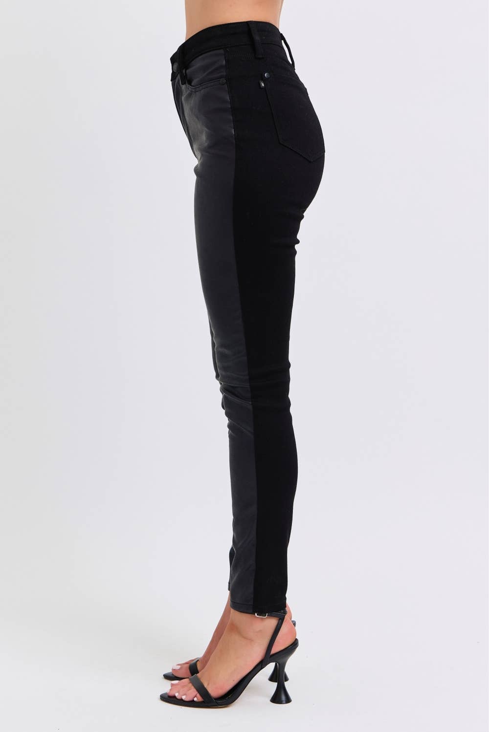 High Waisted Faux Leather & Denim Skinny Jeans