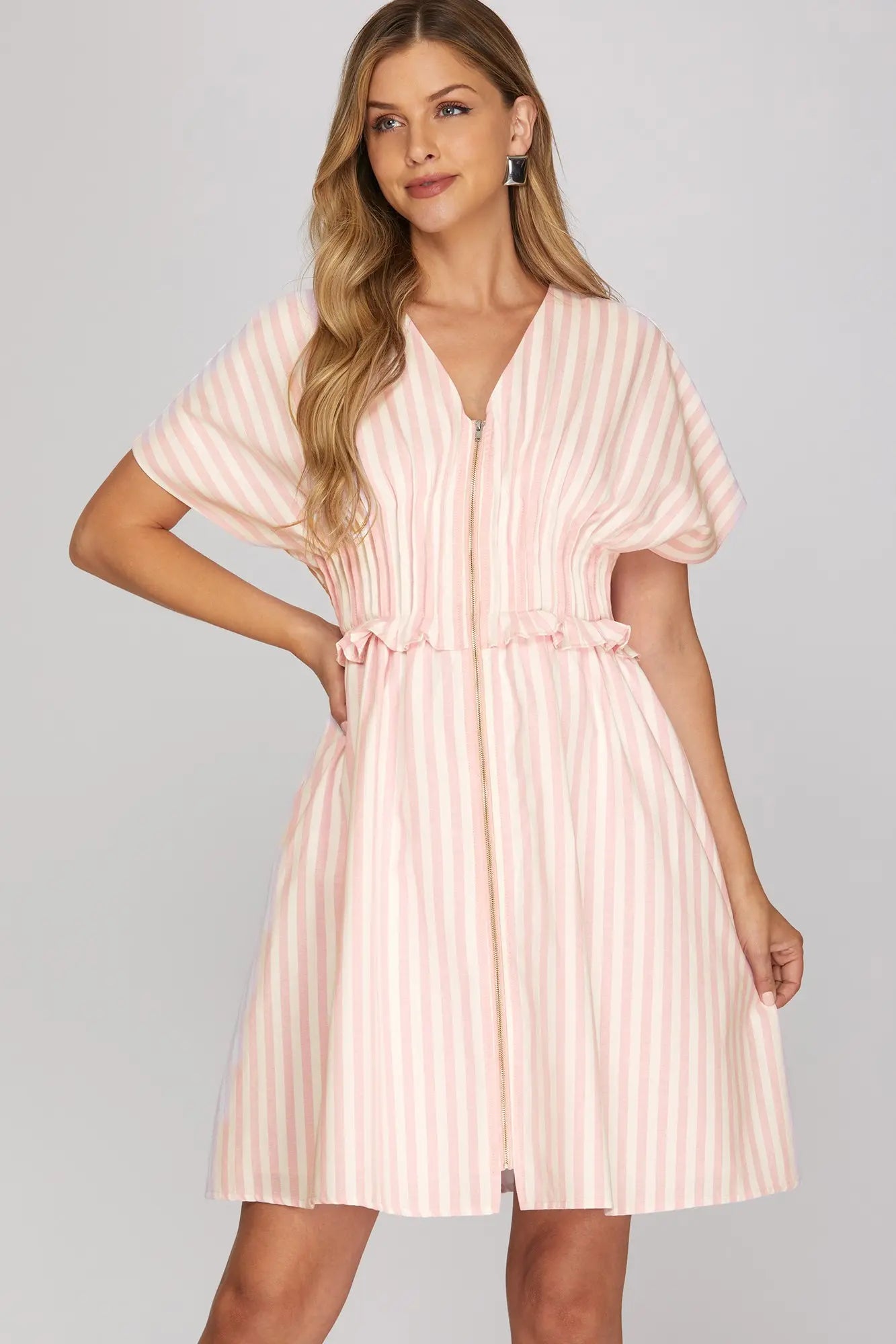 Pink Stripped Midi Zipper Dress