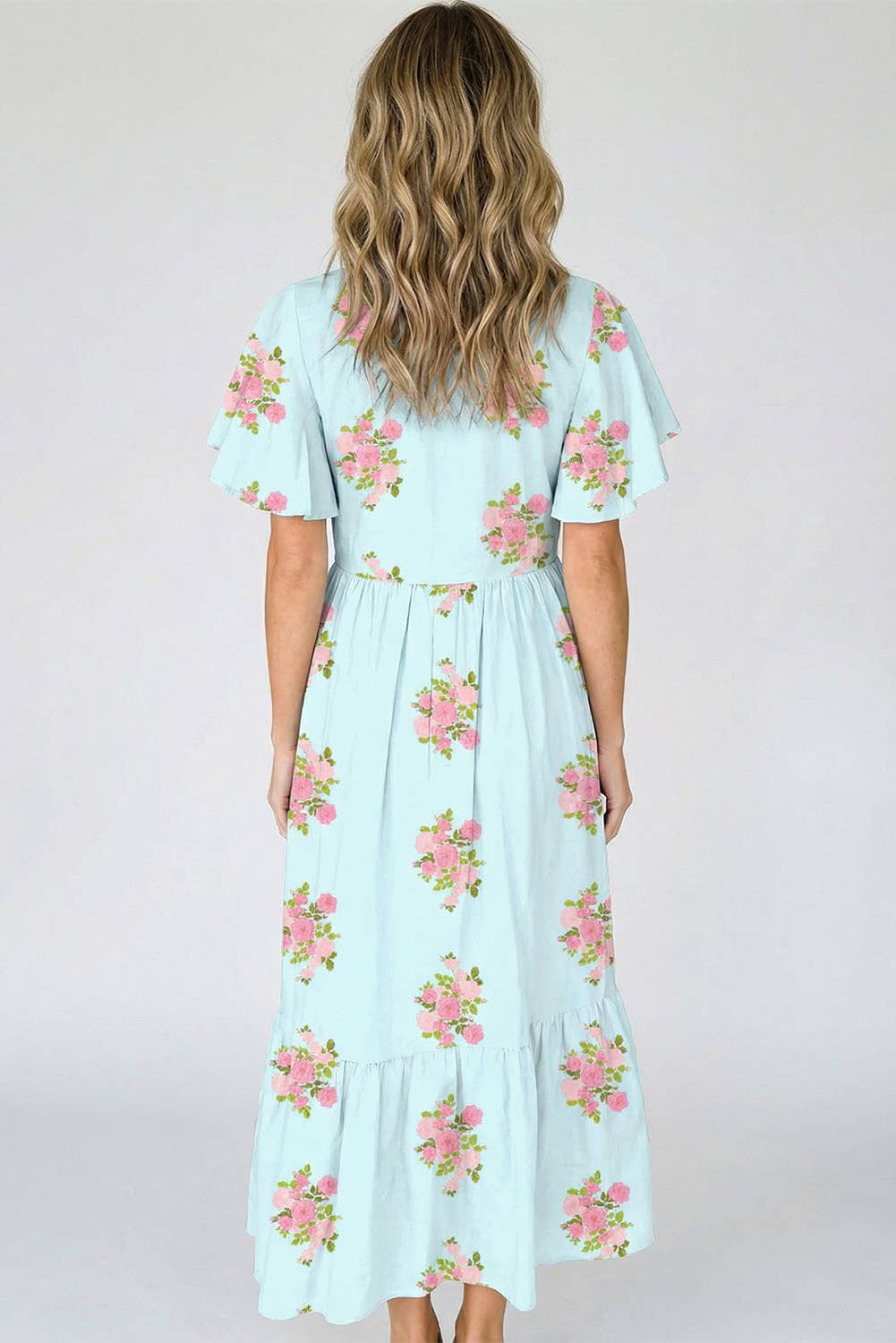 Floral Print V Neck Flutter Short Sleeve Maxi Dress