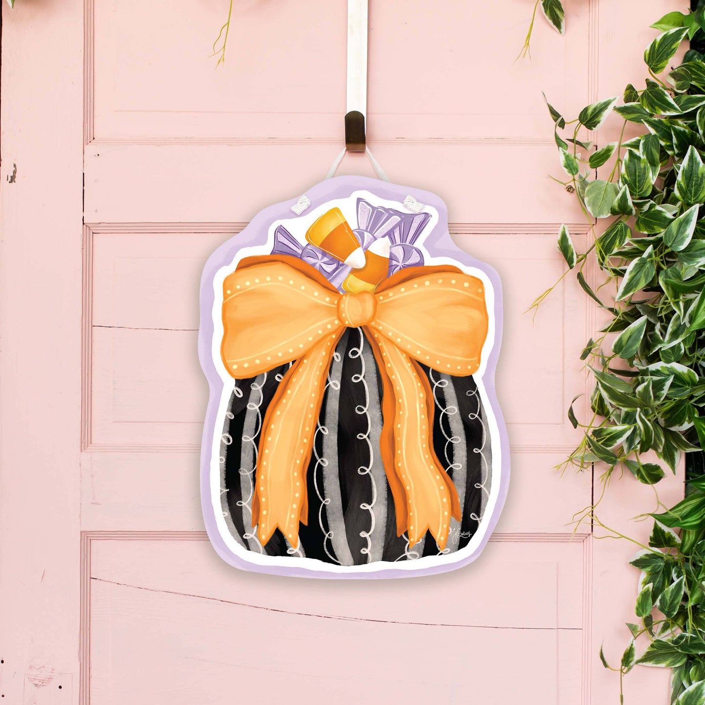 Black Halloween Pumpkin with Orange Bow Door Hanger