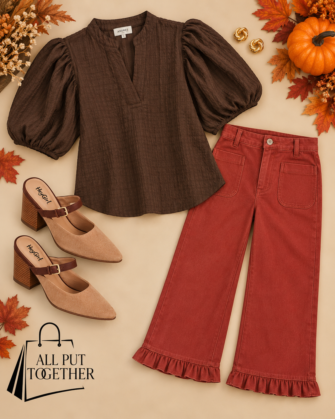 Mid Rise Wide Leg Ruffle Hem Pants