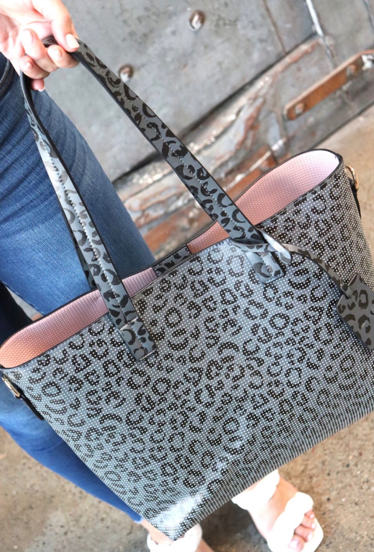 Grey Leopard Perforated Leather Tote
