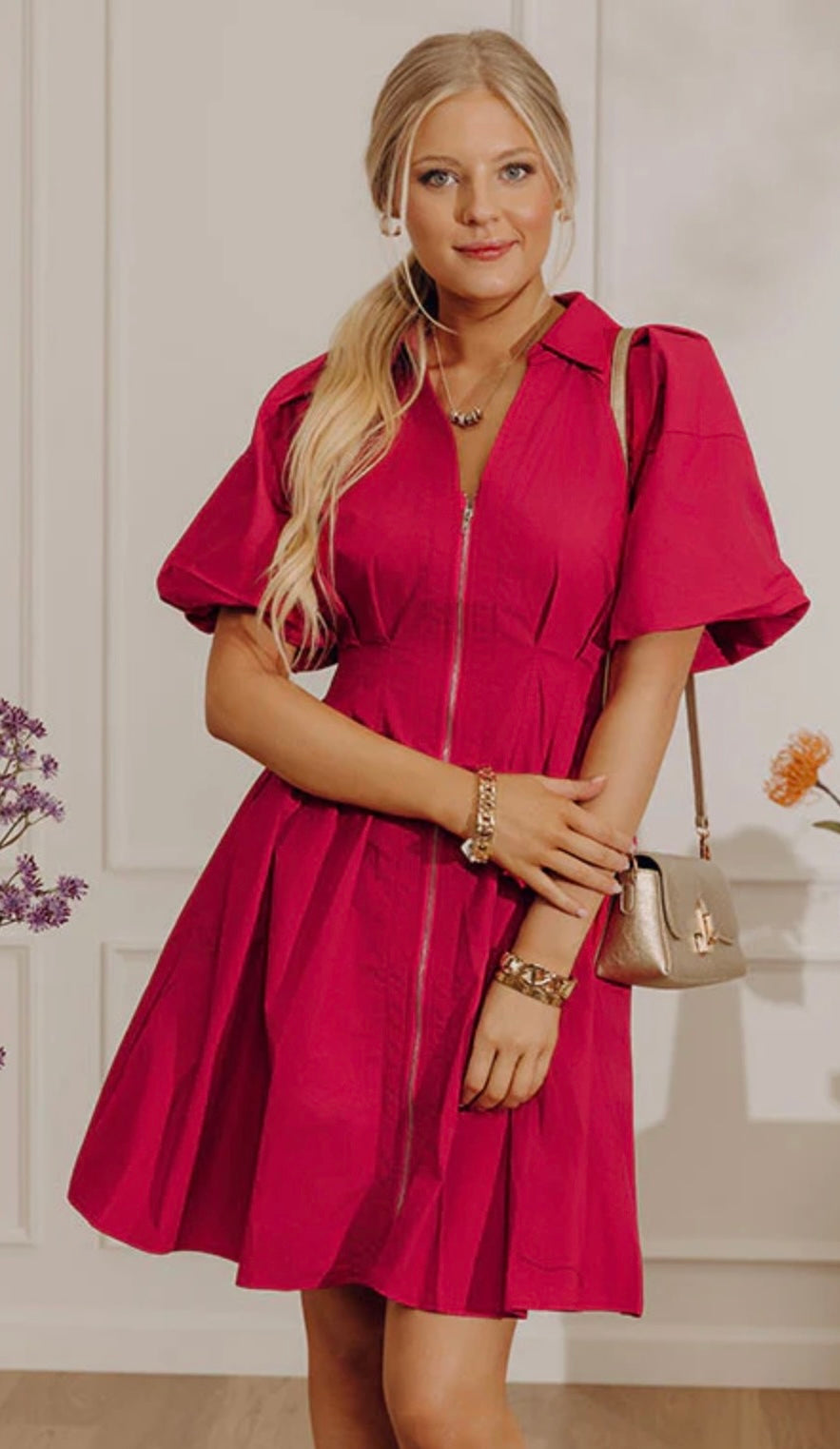 Puff Sleeve Zipper Dress