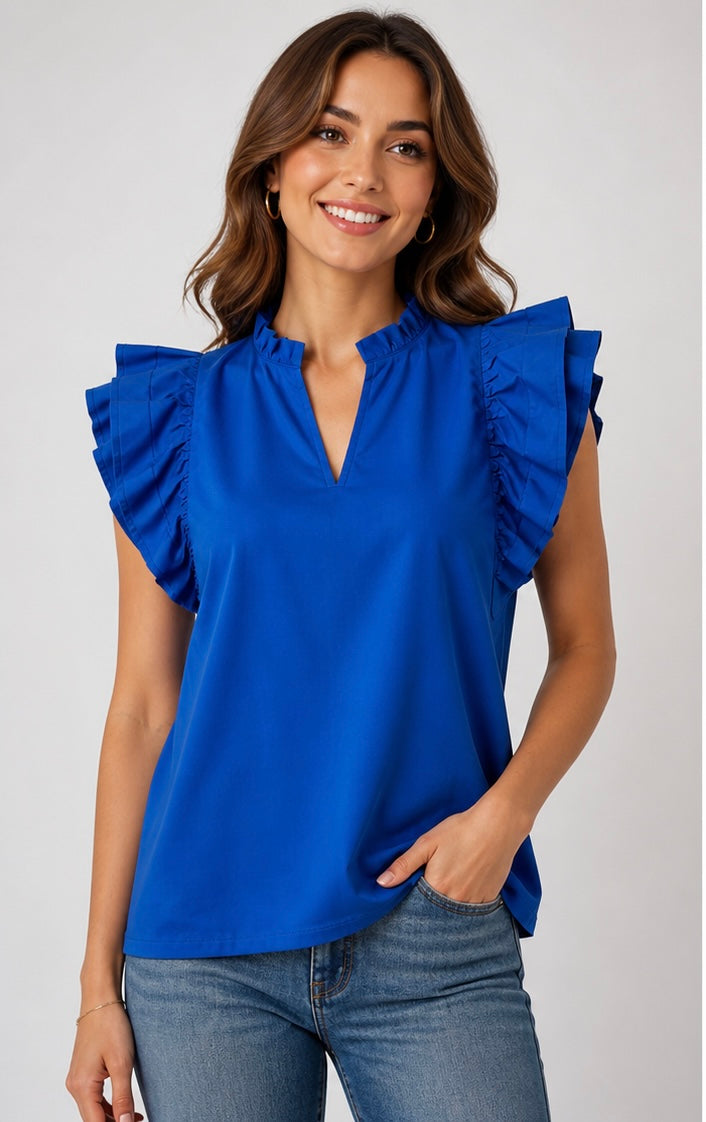 V Neck Ruffle Sleeve Solid Top