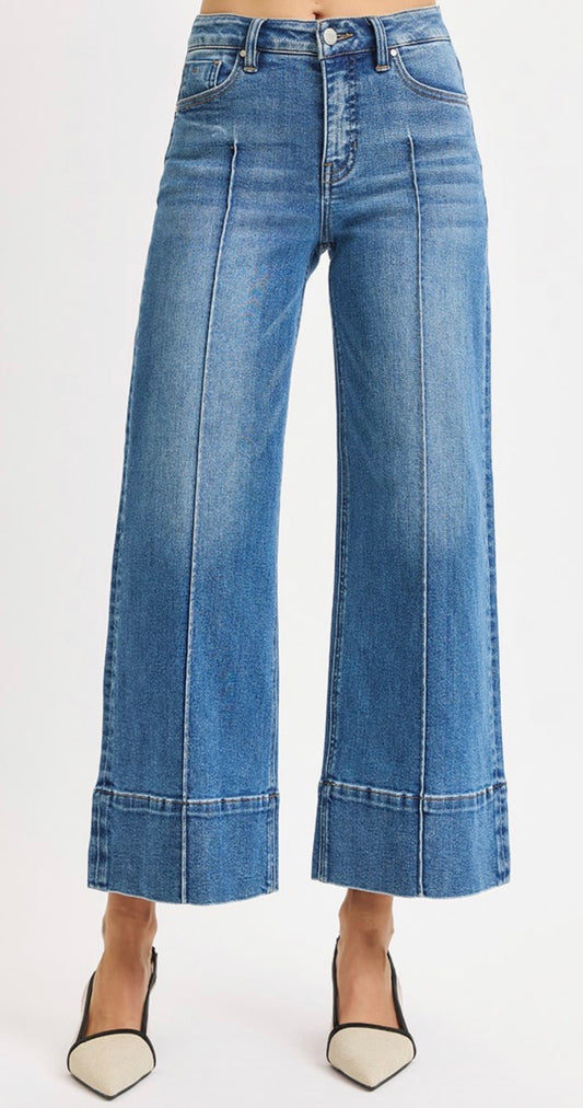 TUMMY CONTROL MID RISE CROP WIDE PINTUCK FRONT JEANS