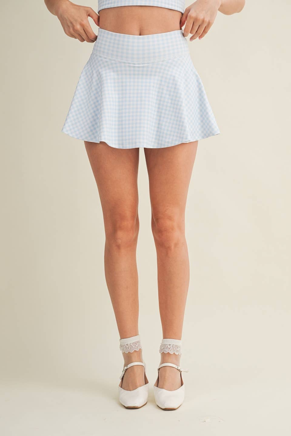 Gingham Mini Circle Skort with Bow Back and Lace Trim
