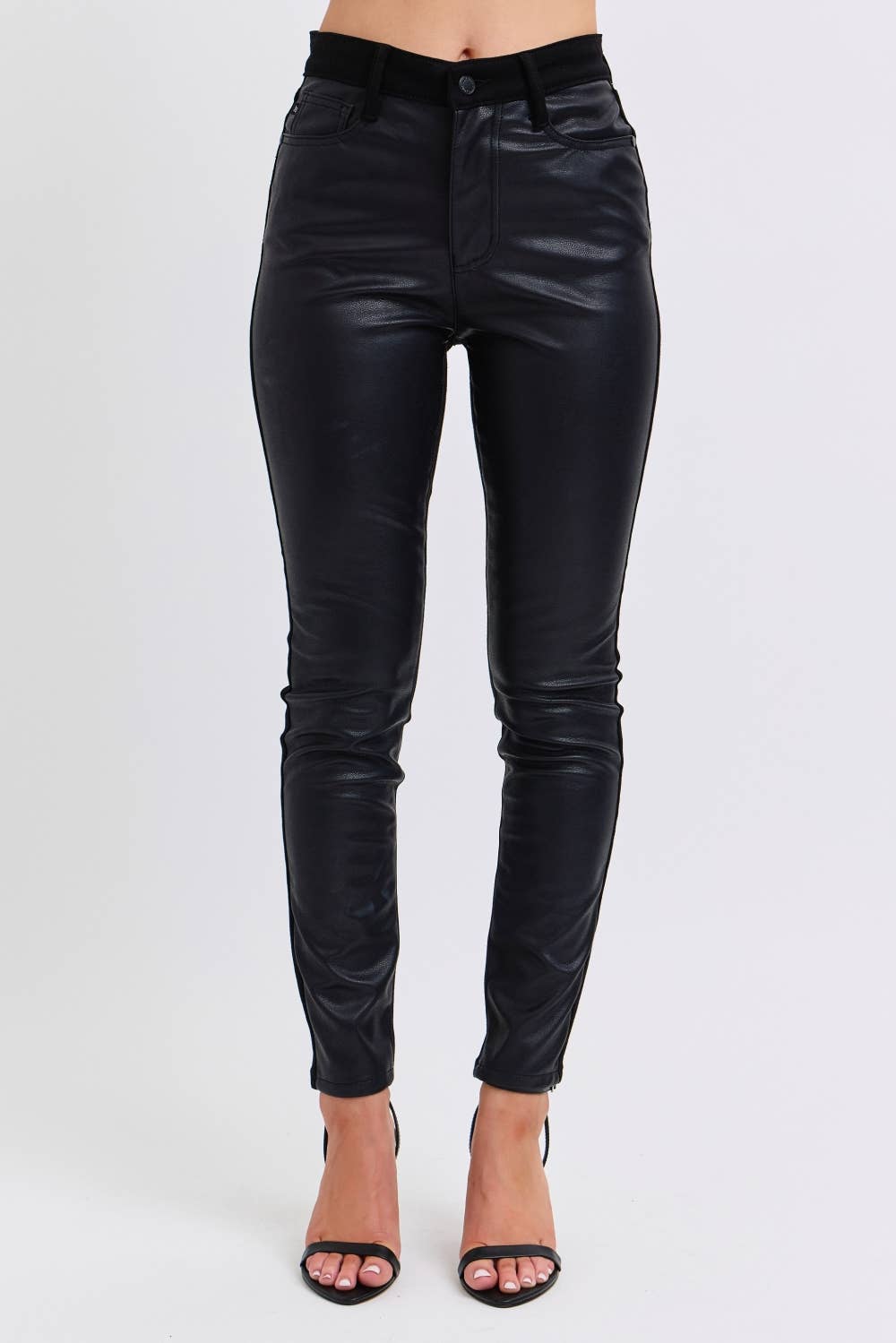 High Waisted Faux Leather & Denim Skinny Jeans