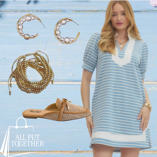 Blue Striped V-neck Collared Dress
