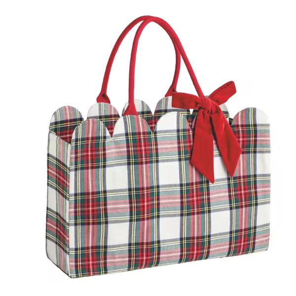 Christmas Plaid Scallop Tote Bag with Velvet Bow