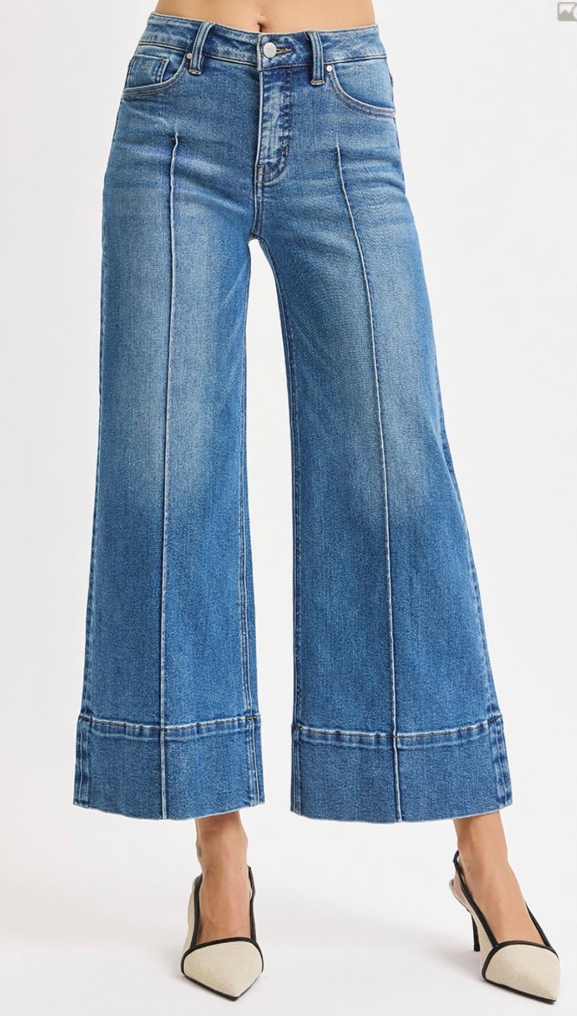 TUMMY CONTROL MID RISE CROP WIDE PINTUCK FRONT JEANS