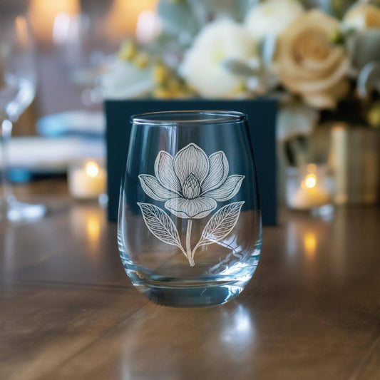 Magnolia Blossom Stemless Wine Glass