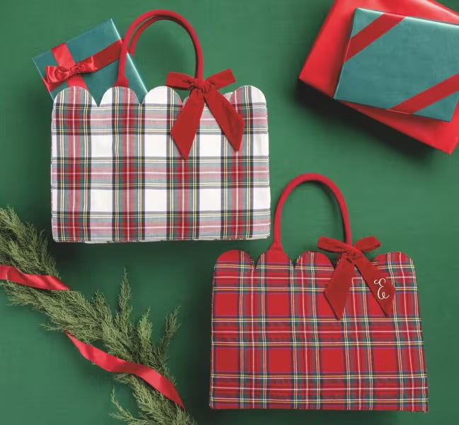 Christmas Plaid Scallop Tote Bag with Velvet Bow