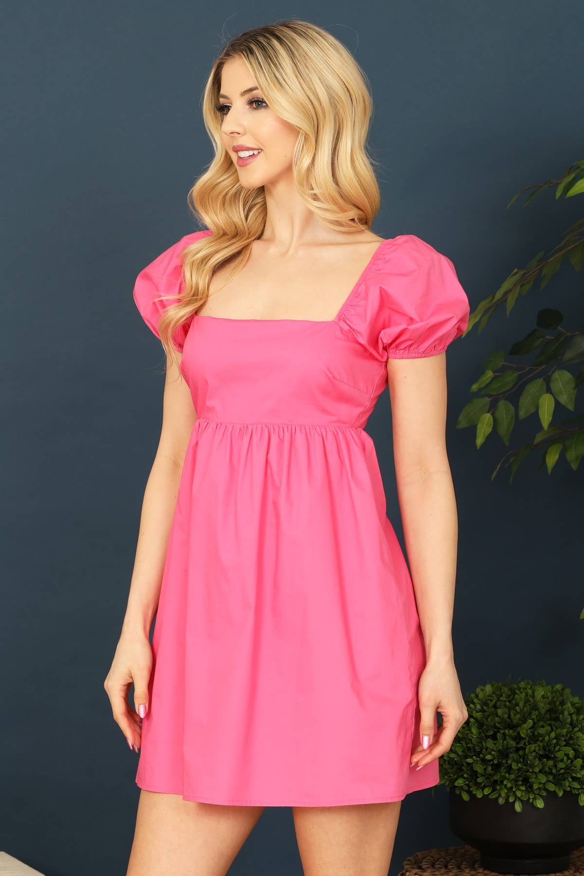 BABYDOLL SHORT PUFF SLEEVE SOLID MINI DRESS