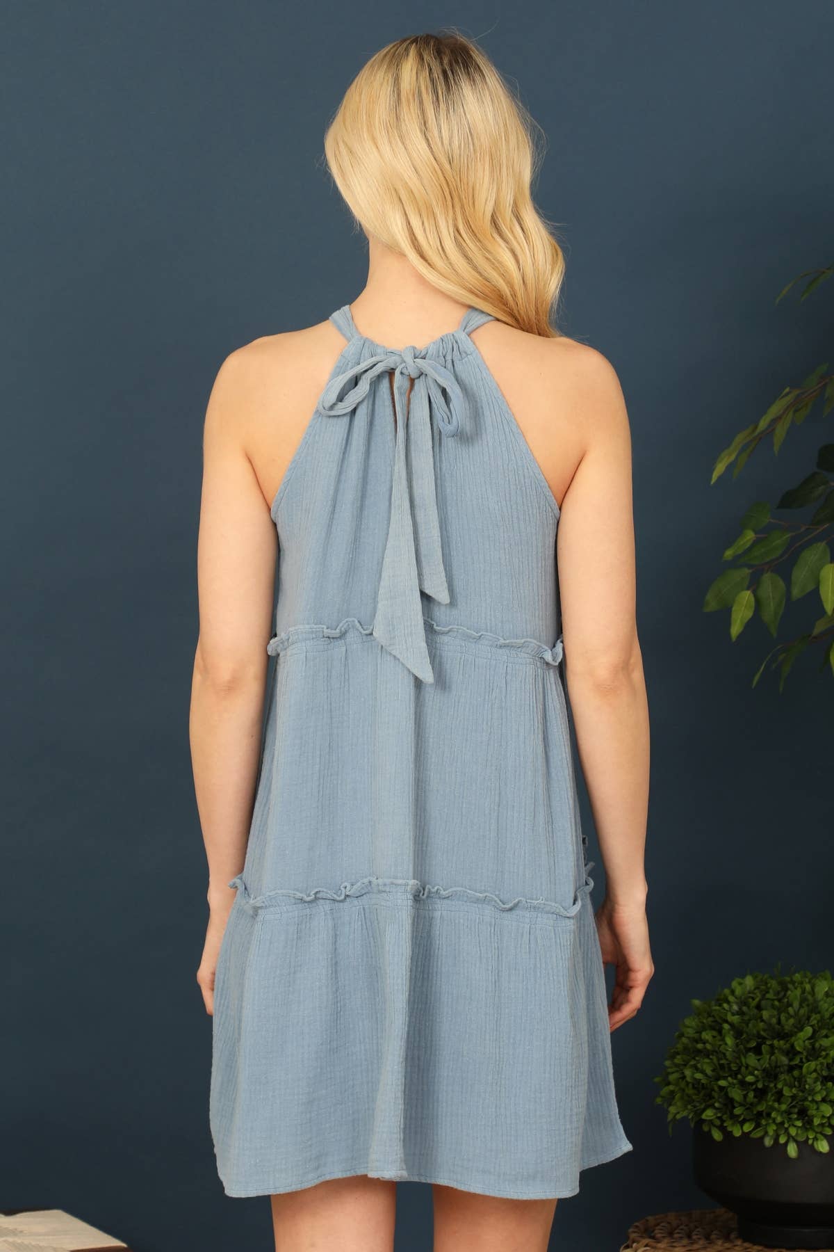 HALTER NECK MERROW DETAIL MINI GAUZE DRESS
