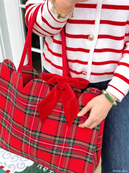 Christmas Plaid Scallop Tote Bag with Velvet Bow