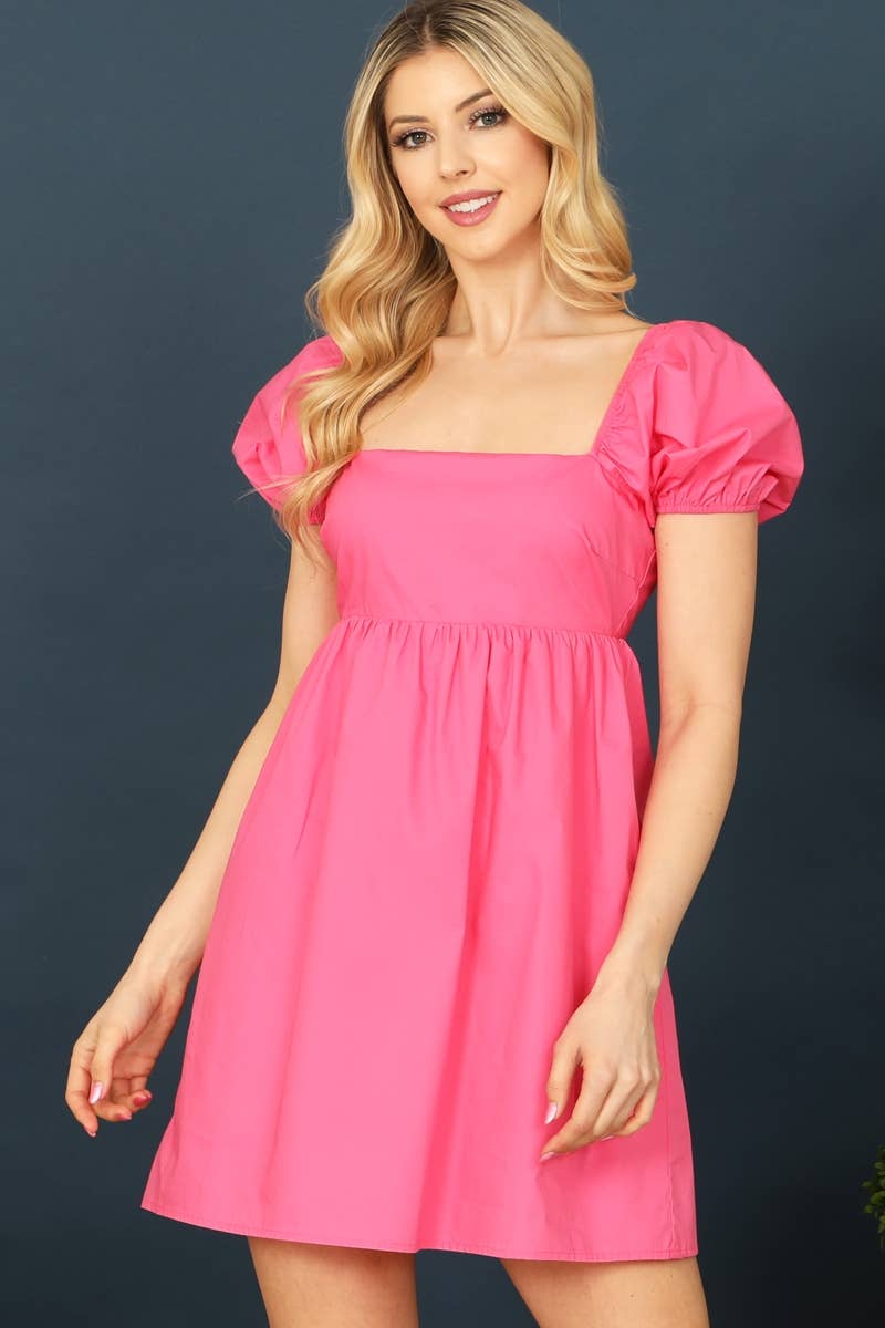 BABYDOLL SHORT PUFF SLEEVE SOLID MINI DRESS