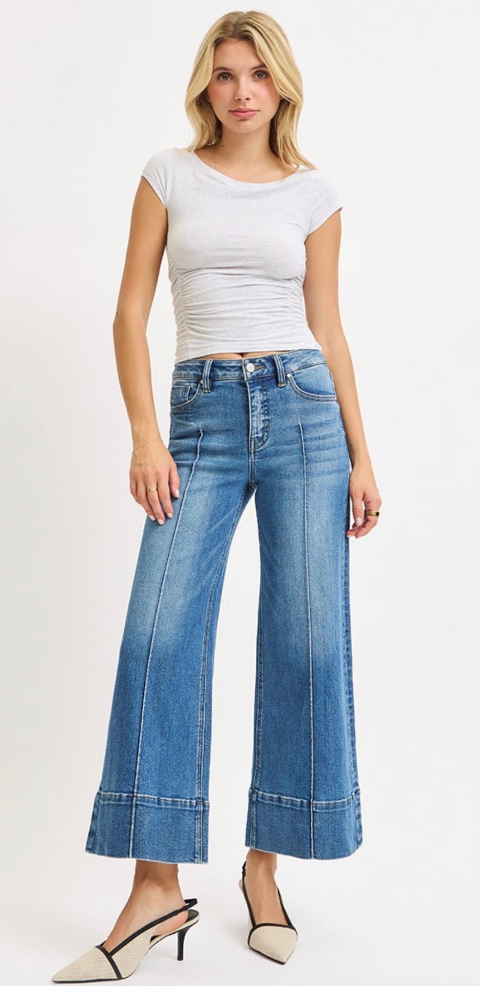 TUMMY CONTROL MID RISE CROP WIDE PINTUCK FRONT JEANS