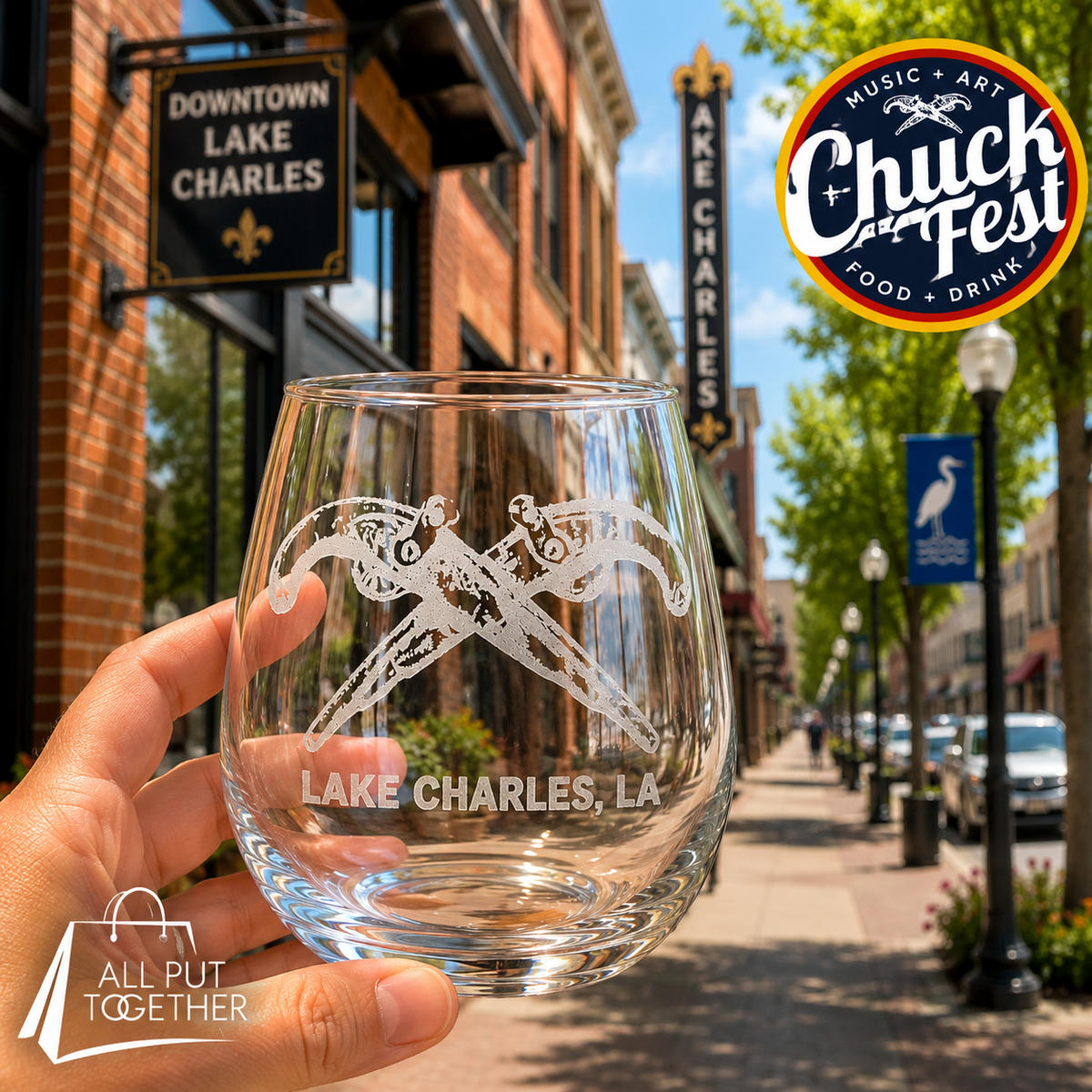 Lake Charles Crossed Pistols Stemless Wine Glass