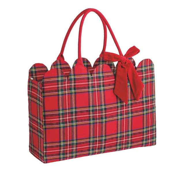 Christmas Plaid Scallop Tote Bag with Velvet Bow