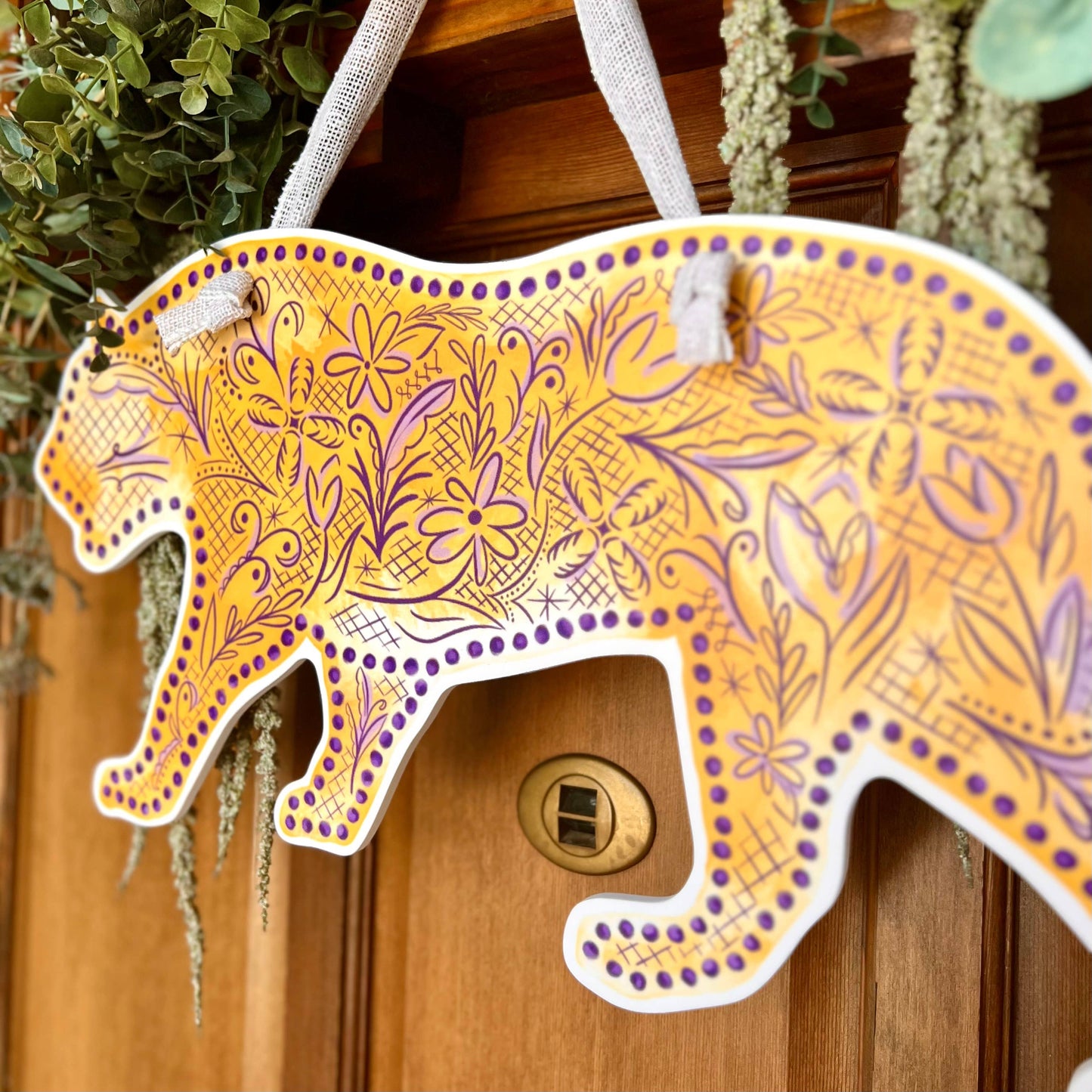 Chinoiserie Purple and Gold Tiger Door Hanger