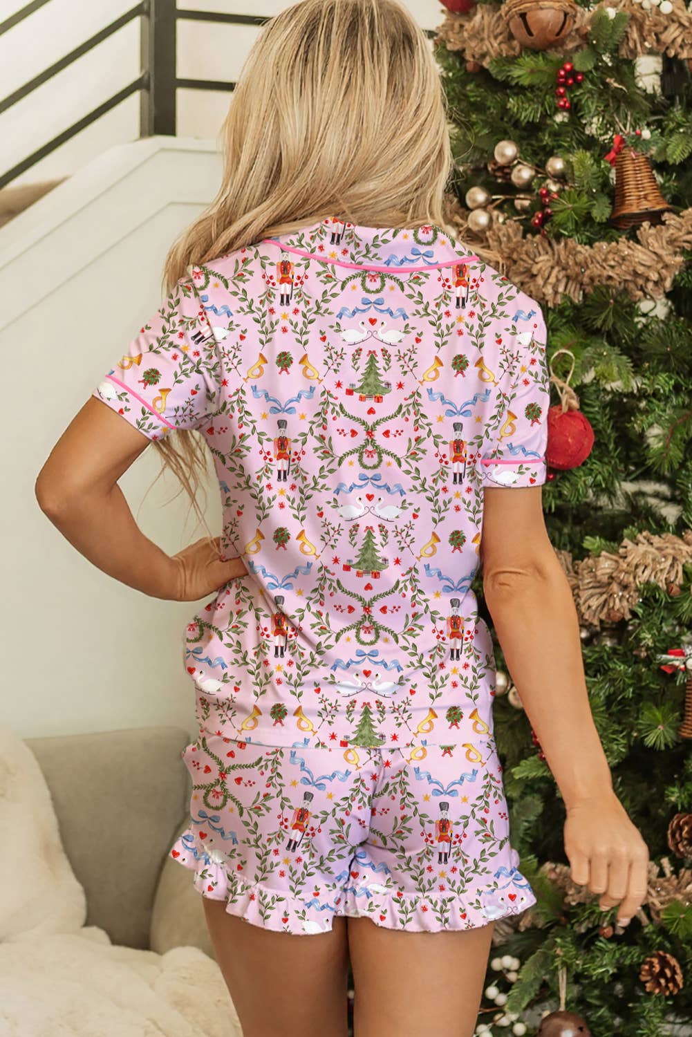 Contrast Print Ribbon Tie Shorts Pajama Set