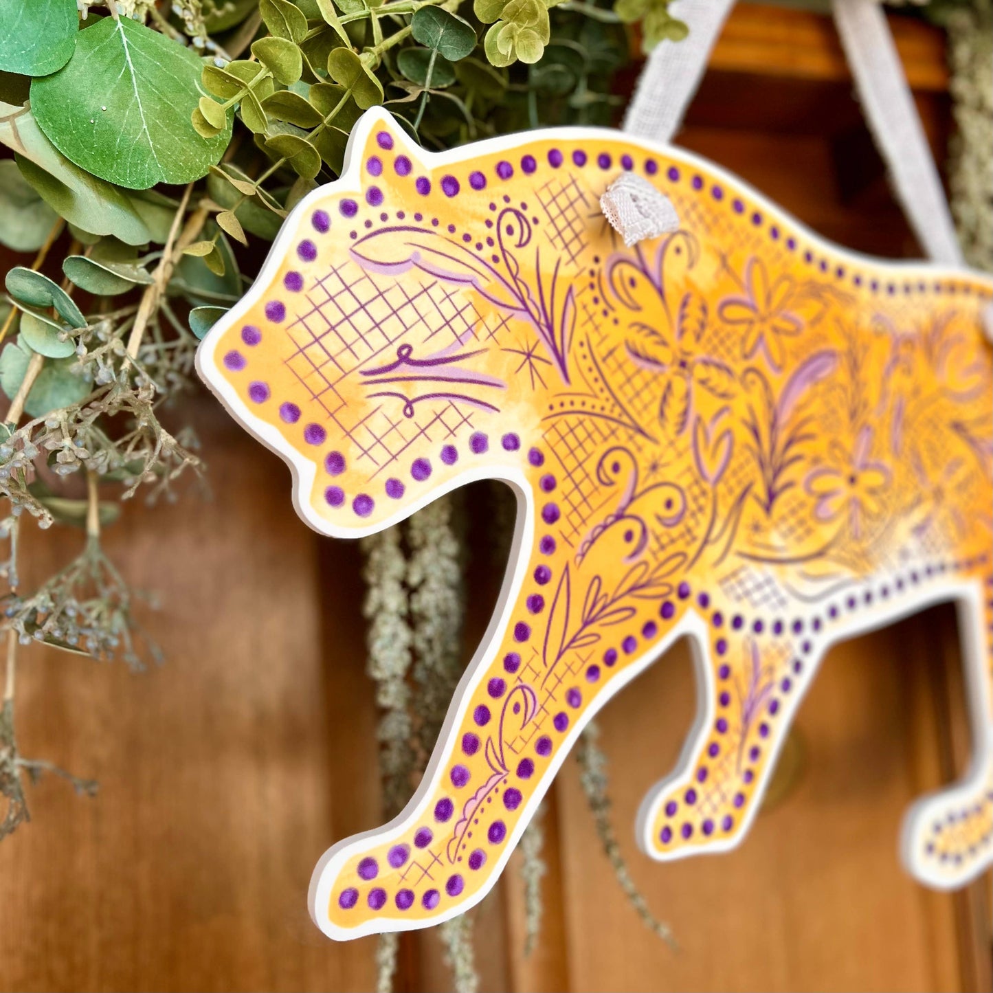 Chinoiserie Purple and Gold Tiger Door Hanger