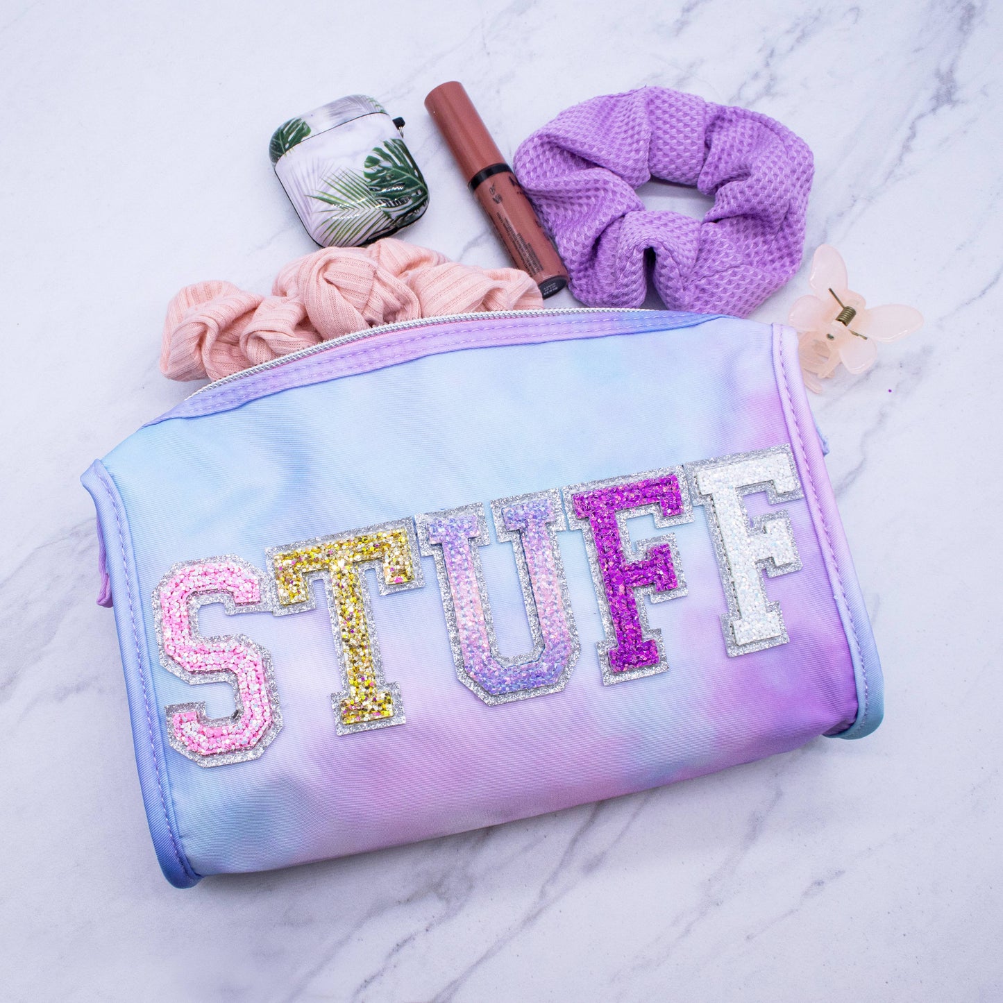 Tie Dye Glitter Varsity Letter Pencil Pouch Bag - STUFF