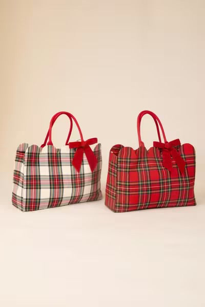 Christmas Plaid Scallop Tote Bag with Velvet Bow