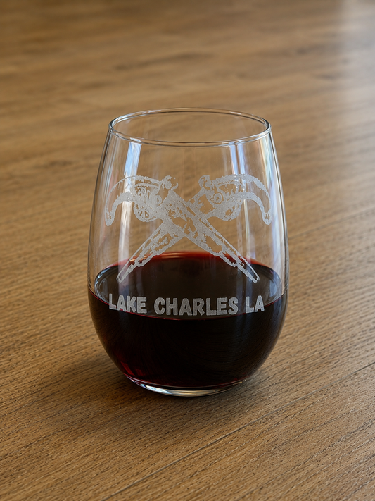 Lake Charles Crossed Pistols Stemless Wine Glass
