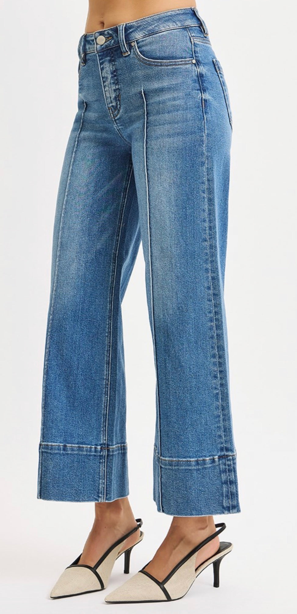 TUMMY CONTROL MID RISE CROP WIDE PINTUCK FRONT JEANS