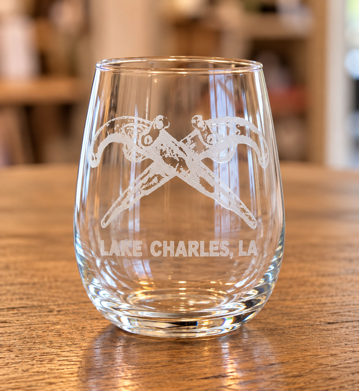 Lake Charles Crossed Pistols Stemless Wine Glass