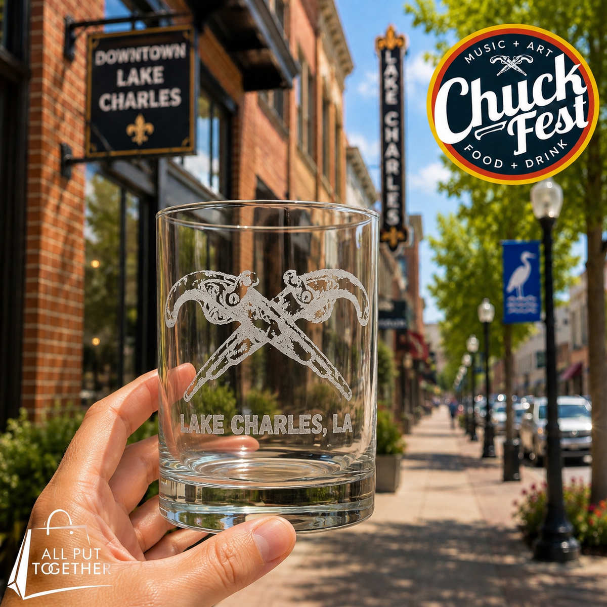 Lake Charles Crossed Pistols Whiskey Glass