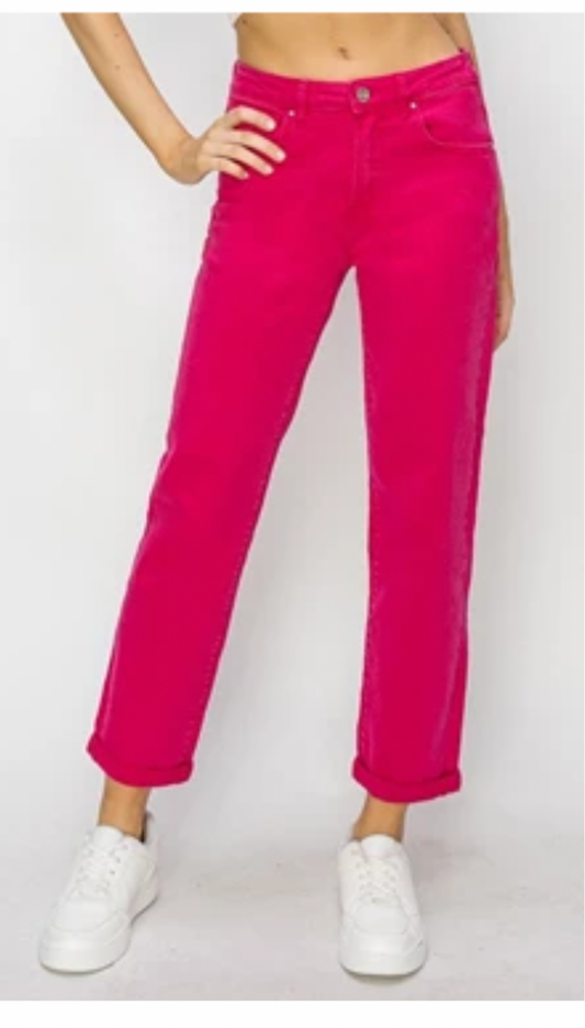 Risen High Rise Boyfriend Jeans - Fuchsia