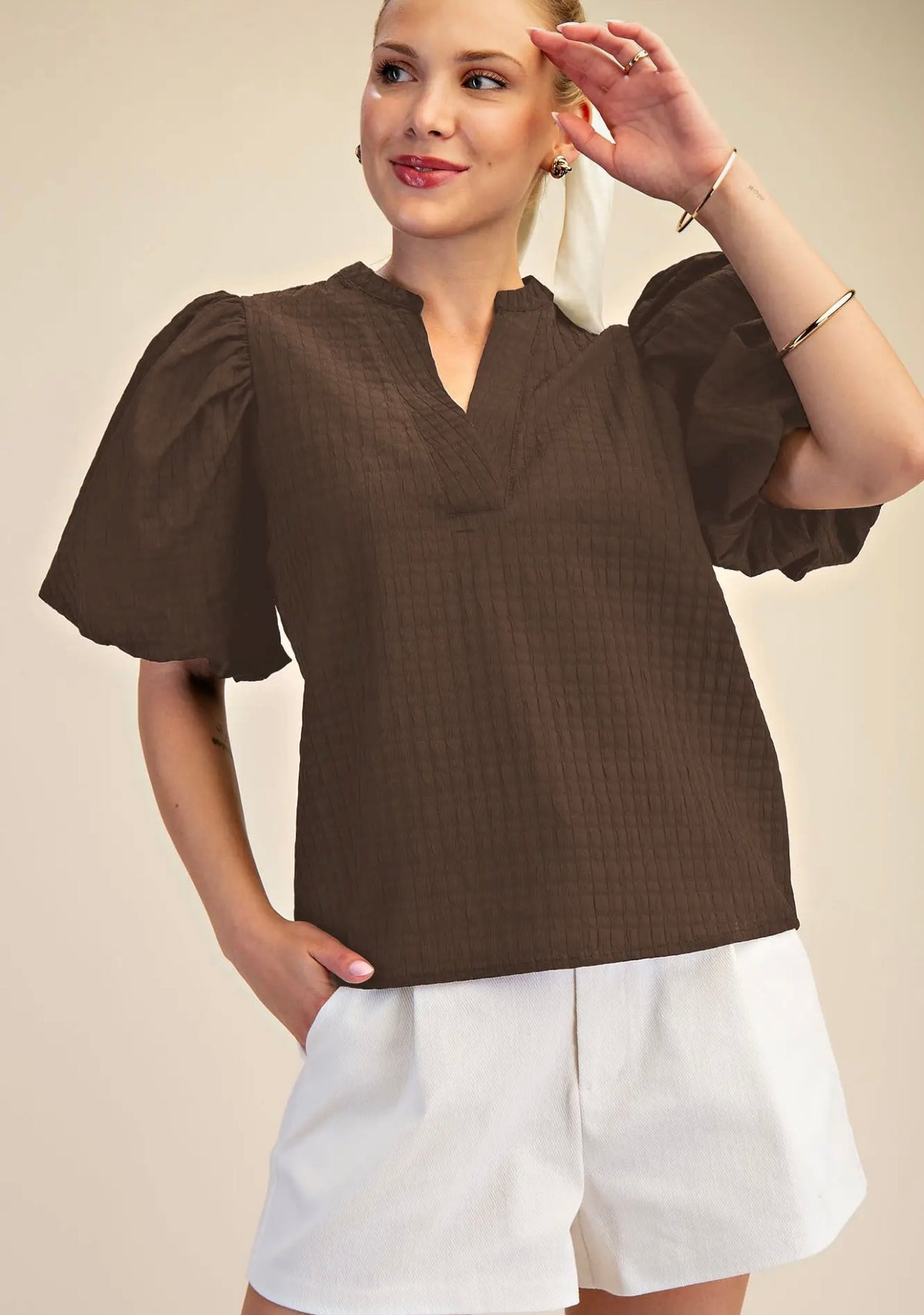 Textured Vneck Puff Sleeve Top