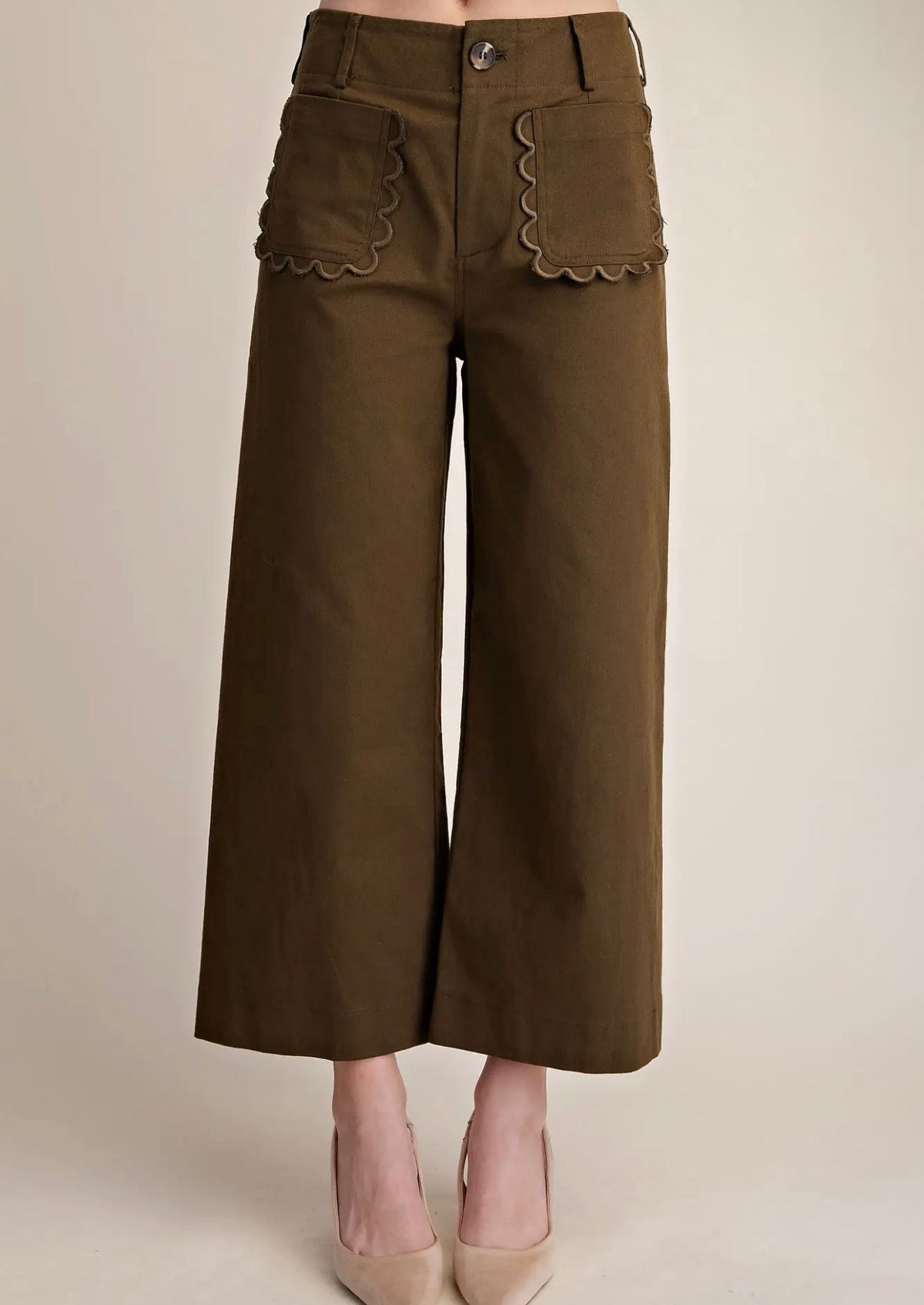 Cropped Wide-Leg Scallop Pocket Pants