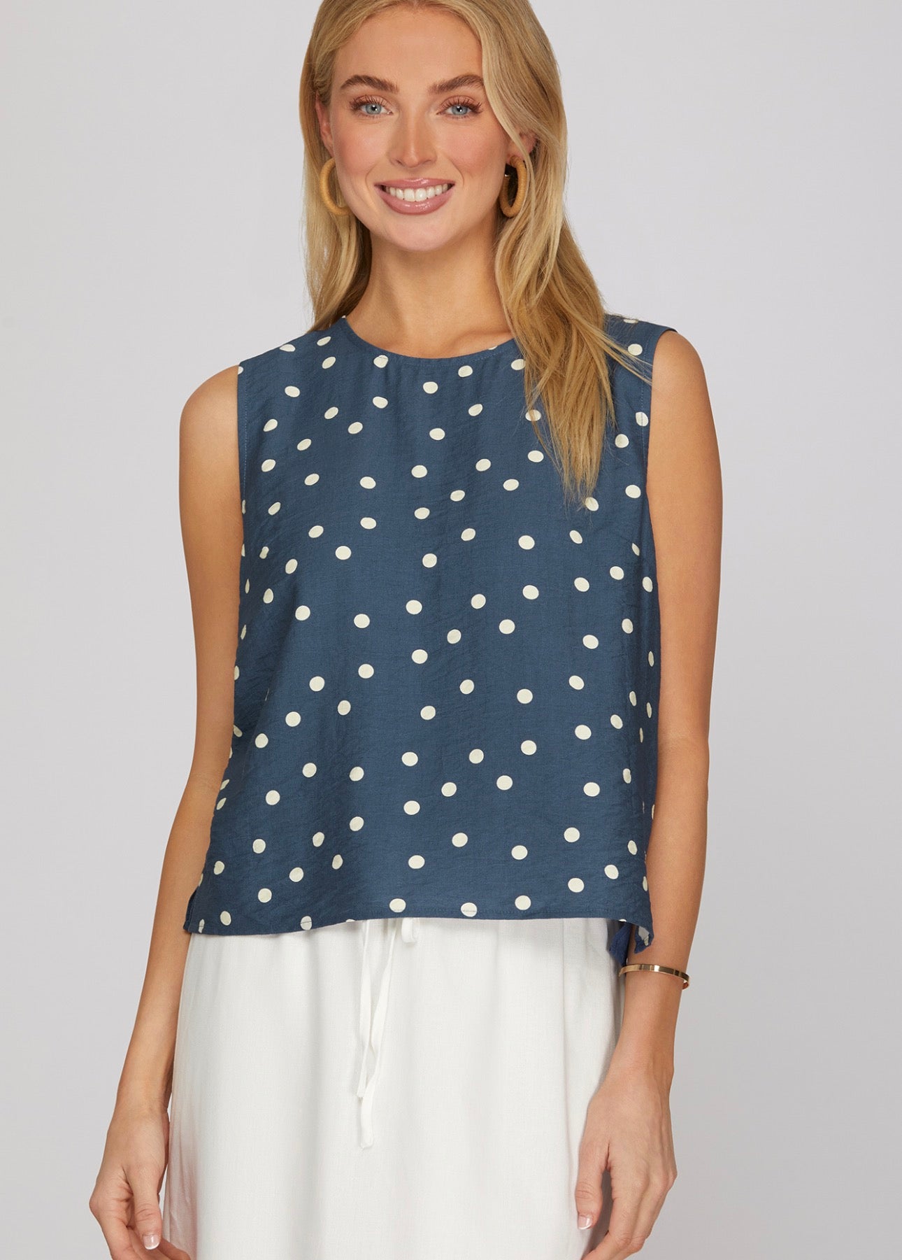 Woven Dusty Blue Polka Dot Top