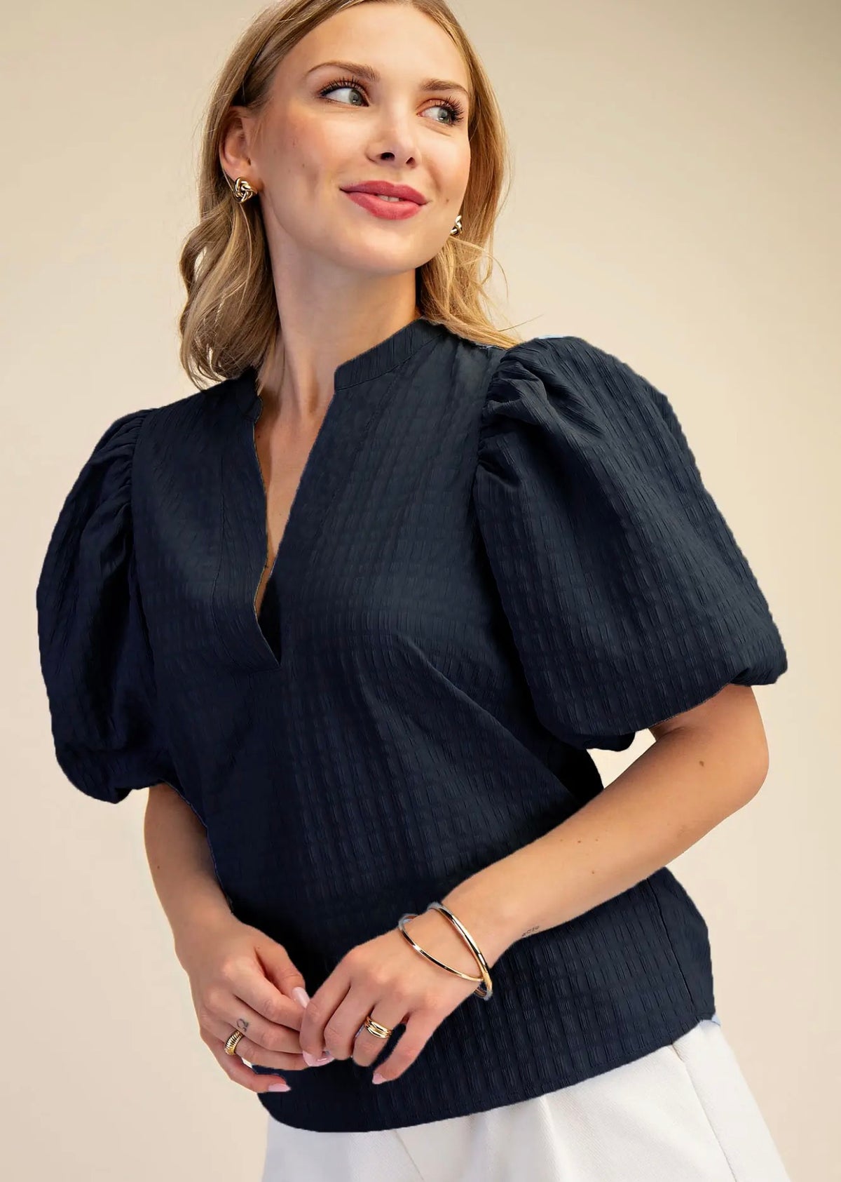 Textured Vneck Puff Sleeve Top
