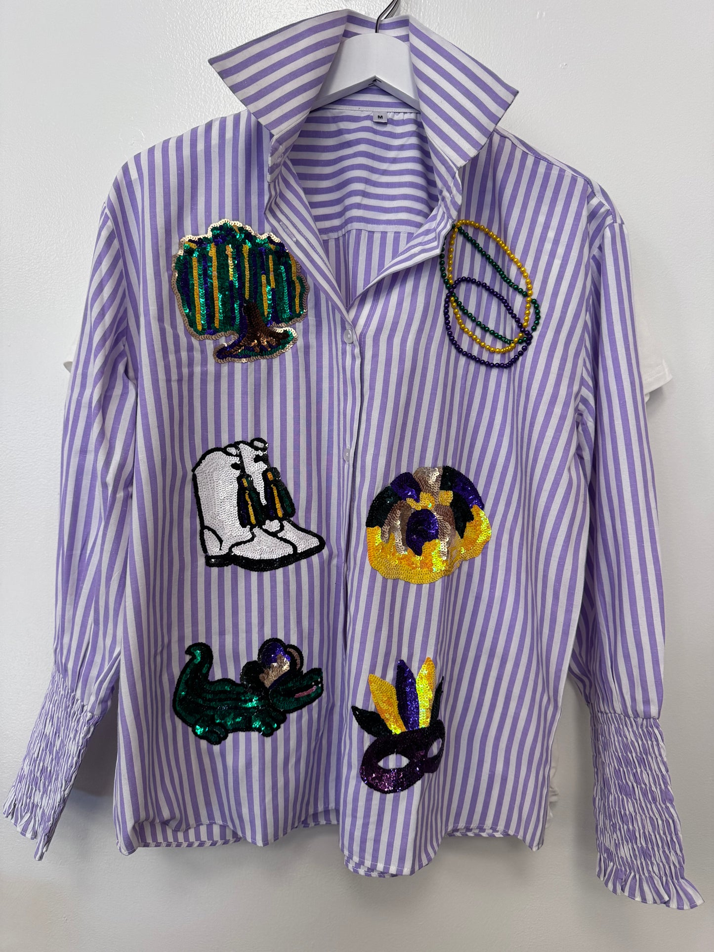 Mardi Gras Sequin Smocked Sleeve Blouse