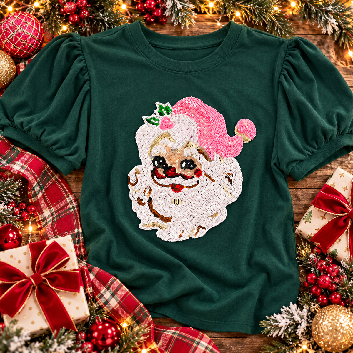 Sequin Santa Puff Sleeve Blouse