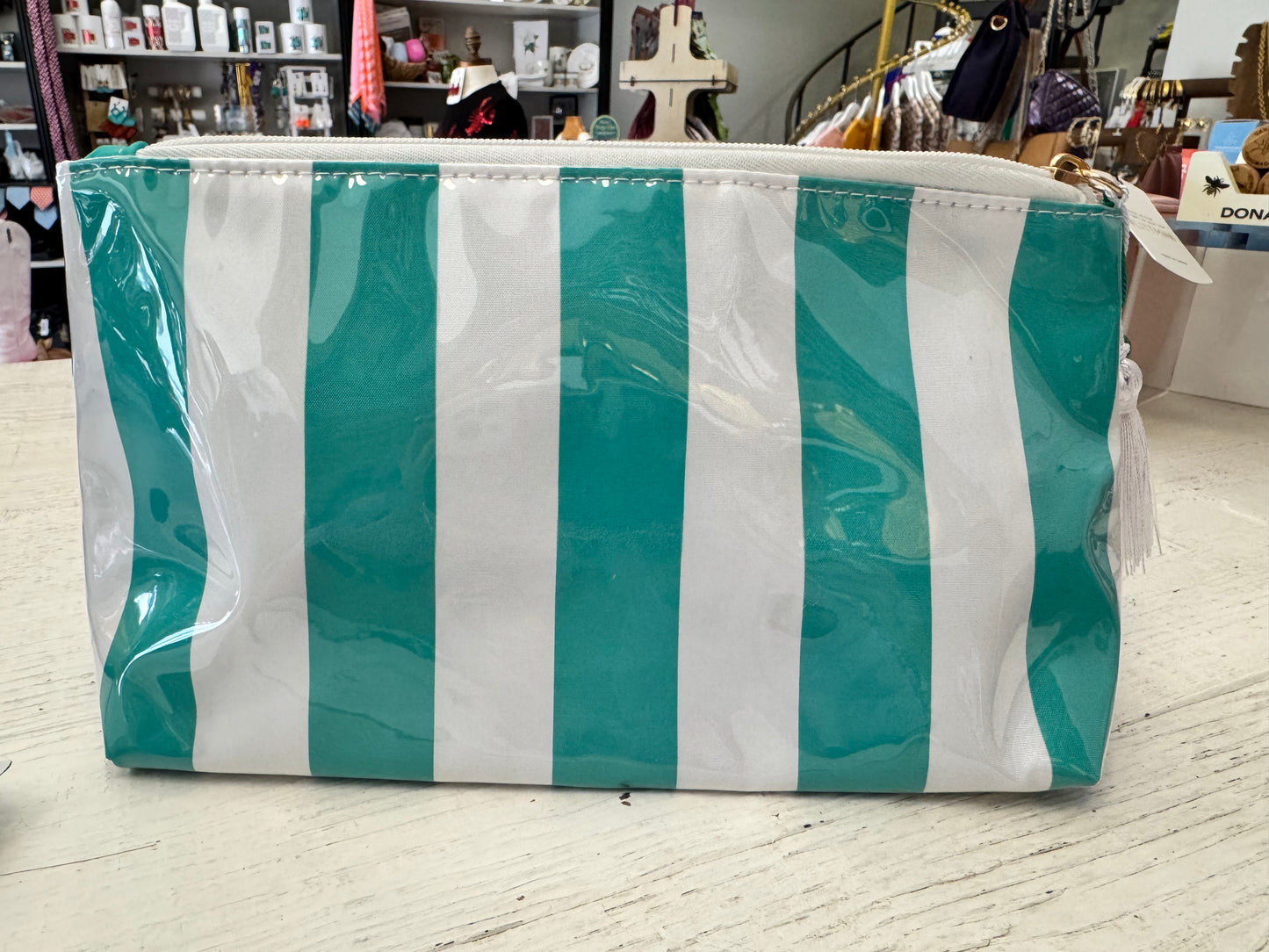 Green Striped Cosmetic & Jewelry Bag Set