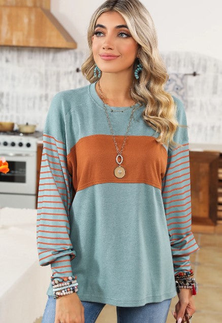 Color Block Striped Bishop Sleeve Top with Side Slits