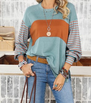 Color Block Striped Bishop Sleeve Top with Side Slits