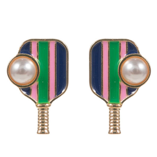 Pickleball Paddle with Pearl Post Earrings