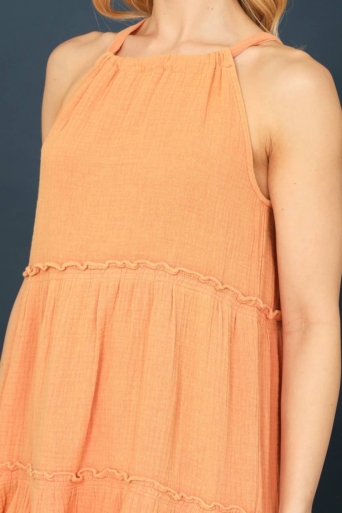 HALTER NECK MERROW DETAIL MINI GAUZE DRESS