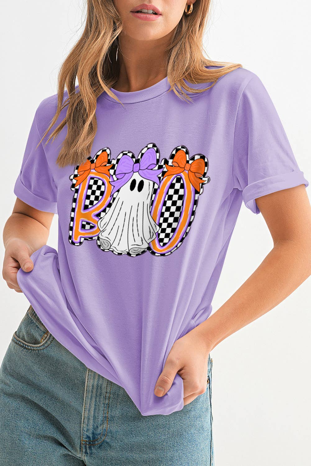 Boo Checkered Bow Ghost Patched Graphic T-Shirt