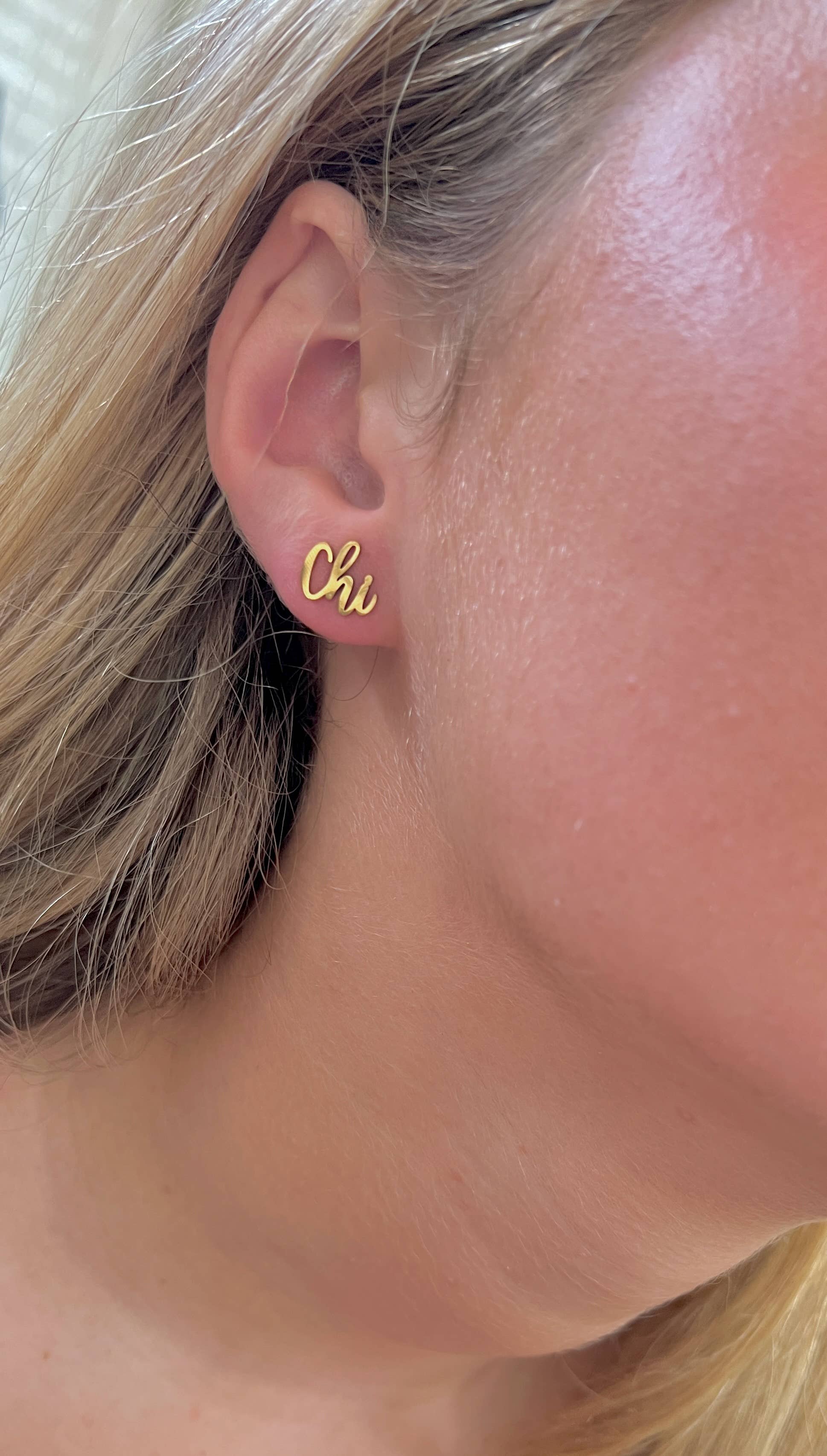 Chi Omega Sorority Gold Stud Earrings.