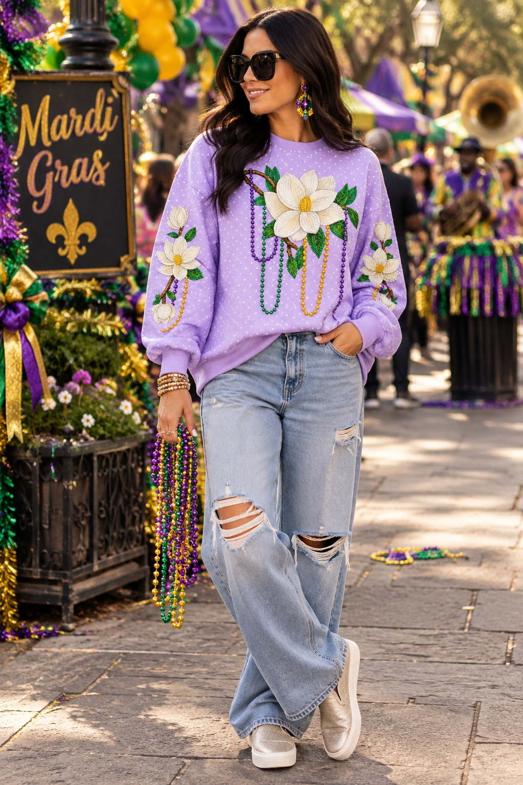 The Beaded Mardi Gras Magnolia Sweatshirt