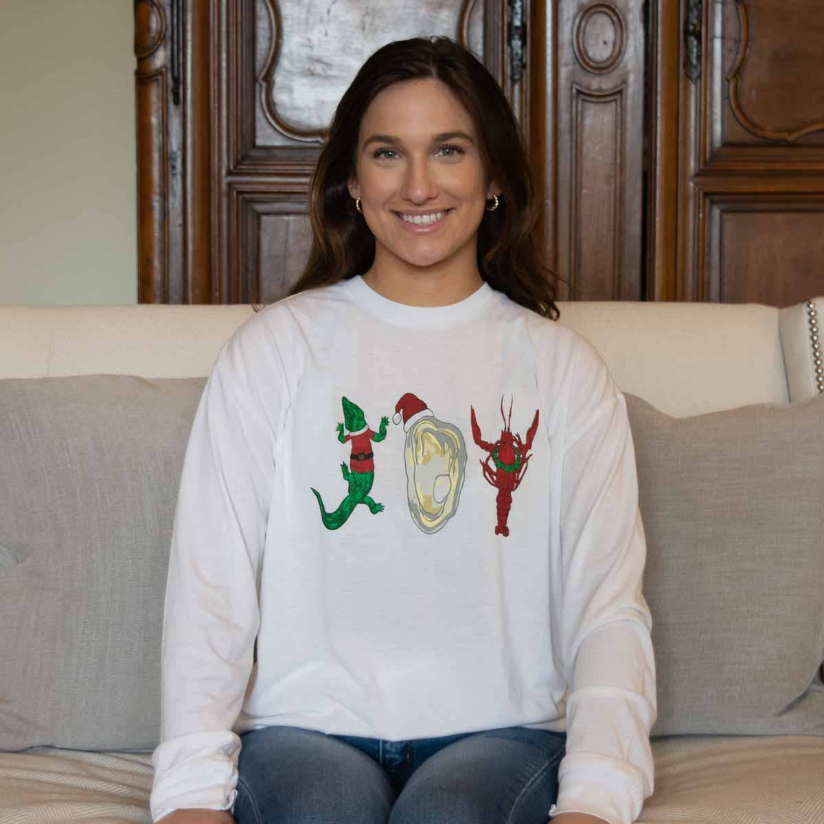 Cajun Joy Christmas Long Sleeve Crew Neck T-Shirt
