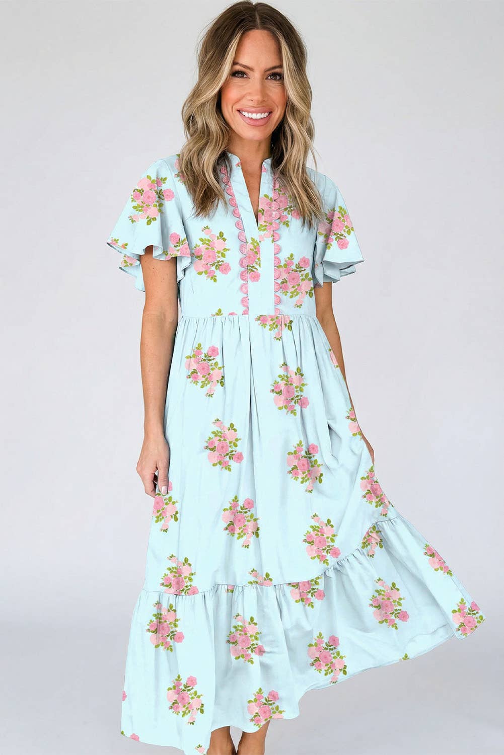 Floral Print V Neck Flutter Short Sleeve Maxi Dress