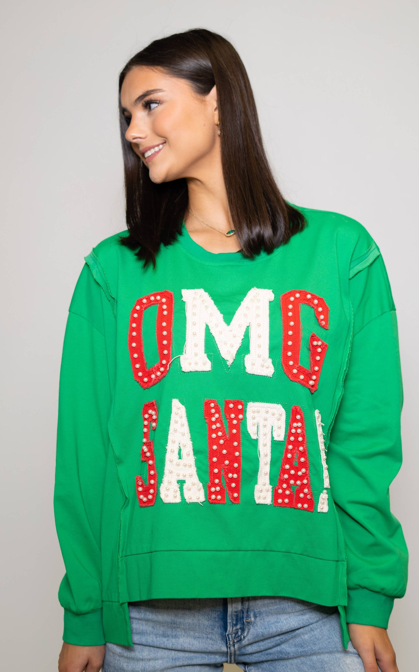 OMG Santa! | Women's Distressed Embroidery Pullover